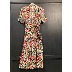 Vintage JG Hook Linen Multicolored tropical short sleeve Floral Wrap Midi Dress 